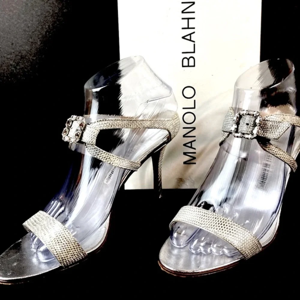Manolo Blahnik silver sandals crystal buckles 38